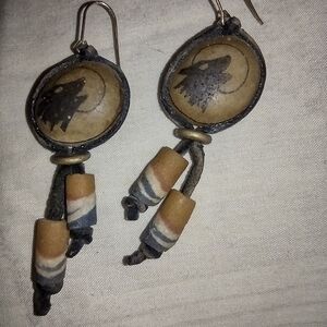 Handcrafted Tan and Blue Wolf Earrings